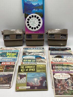 Vintage Lot of 3 Viewmasters & 23 Packages of Reels Cartoons Travel Space ETC